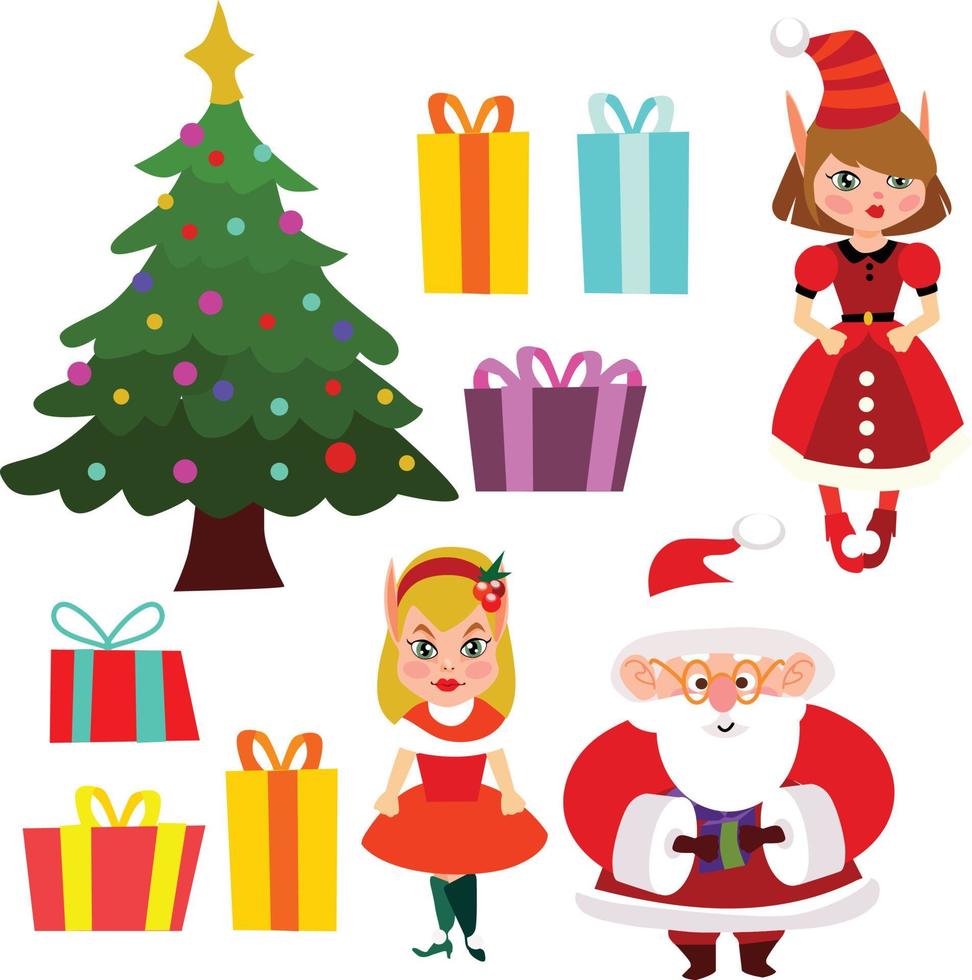 christmas decorated pine tree and cartoon santa elf vector