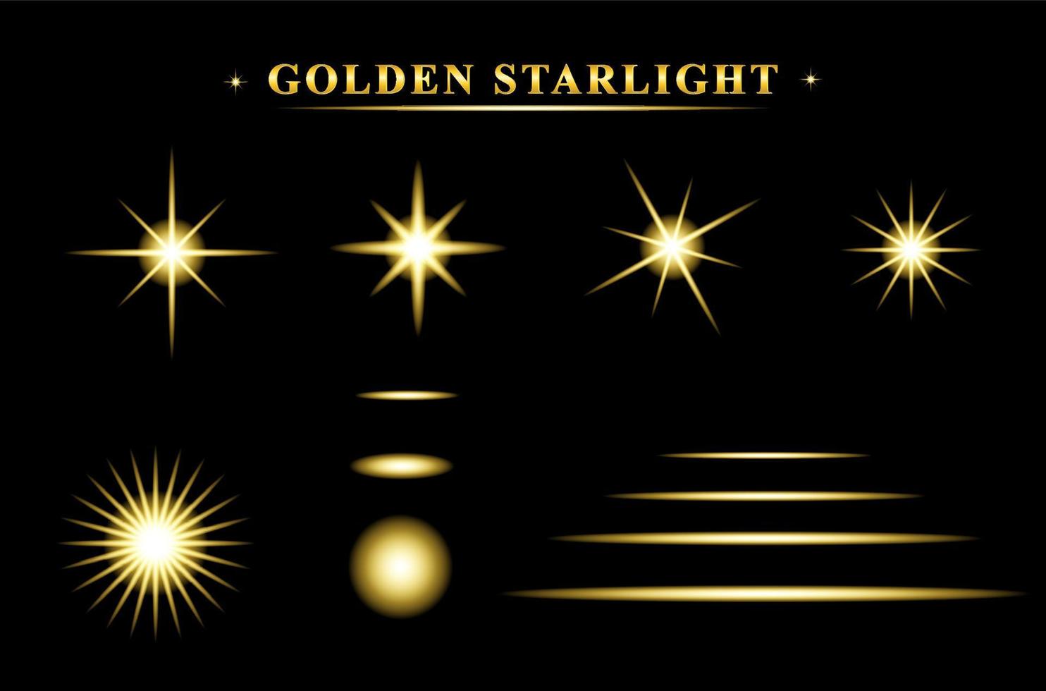 Set of realistic starburst lighting isolated on black background, golden starlight vector