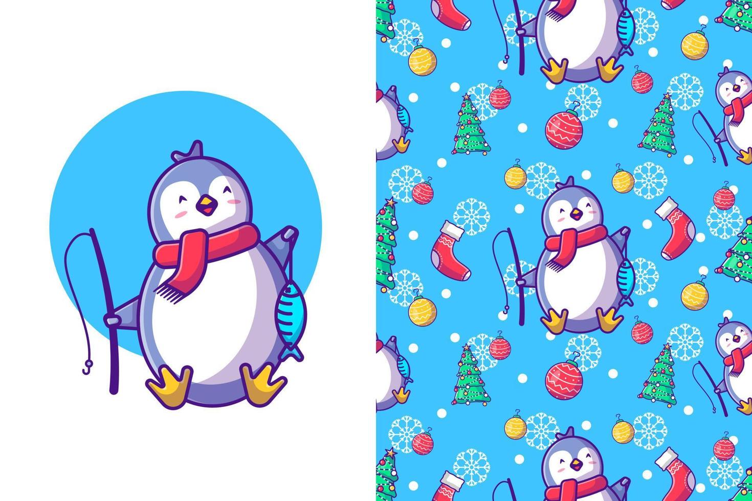 Merry christmas with happy  penguin and fish in winter seamless pattern vector