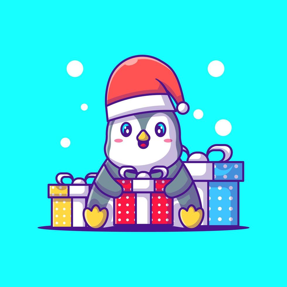 linda ilustración de pingüino feliz con caja de regalo feliz navidad vector