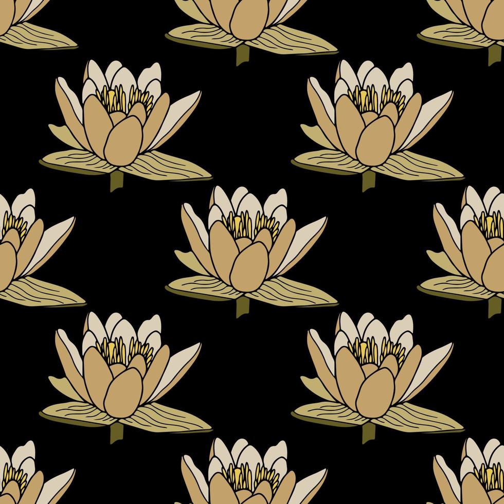 Water lily flower seamless pattern. Isoalted on back background. vector