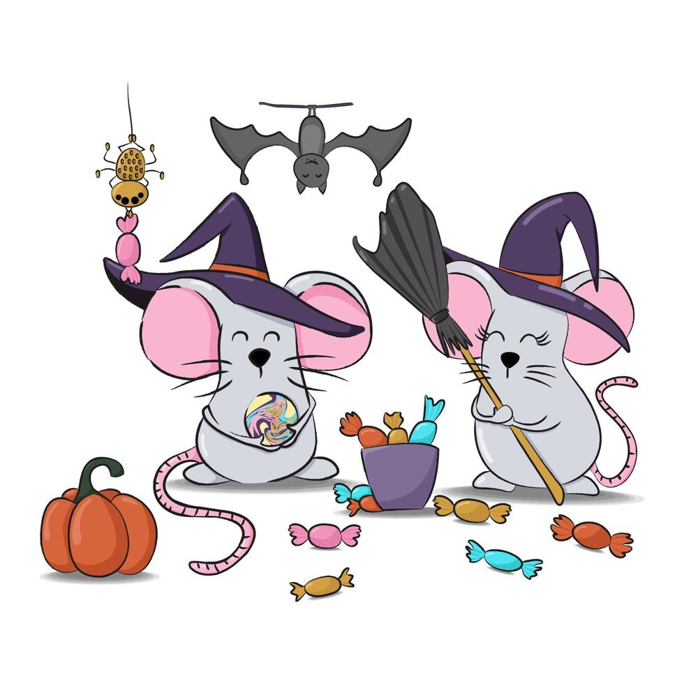 ratones de halloween con murciélago, araña, calabaza y dulces. ilustración de dibujos animados. vector