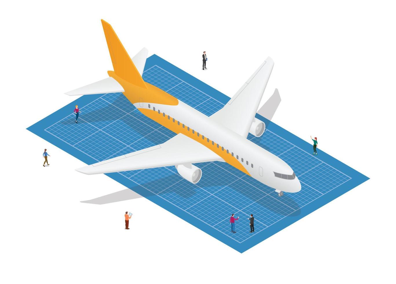 aeroplane blueprint concept with people analyze with modern isometric style vector