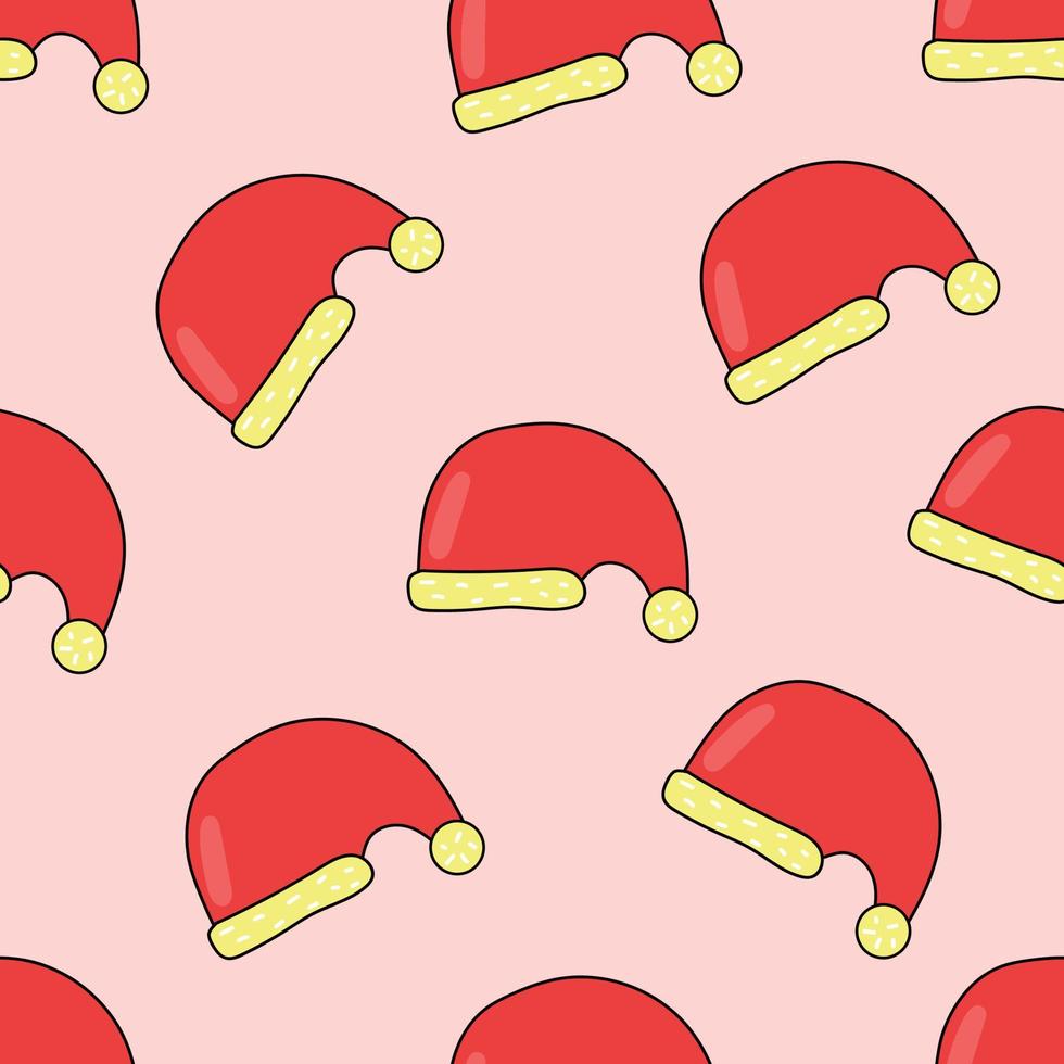 Seamless pattern of santa hat with black outline. Cute flat illustration. vector