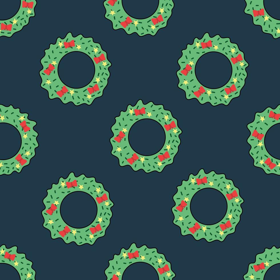 Seamless pattern christmas wreath with black outline on dark blue background. vector