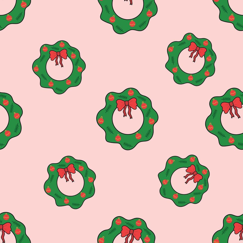 Corona de Navidad verde con contorno negro sobre fondo rosa. patrón sin costuras, concepto de Navidad. vector