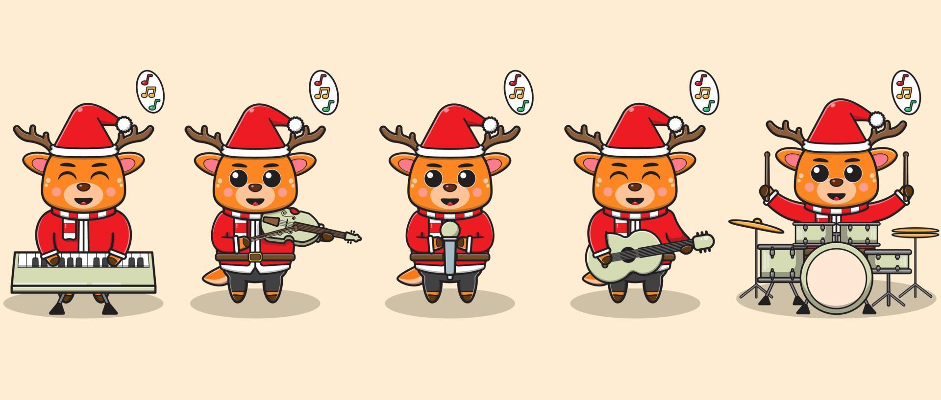 Vector illustration of Cute Deer Santa Claus play a musical instrument.
