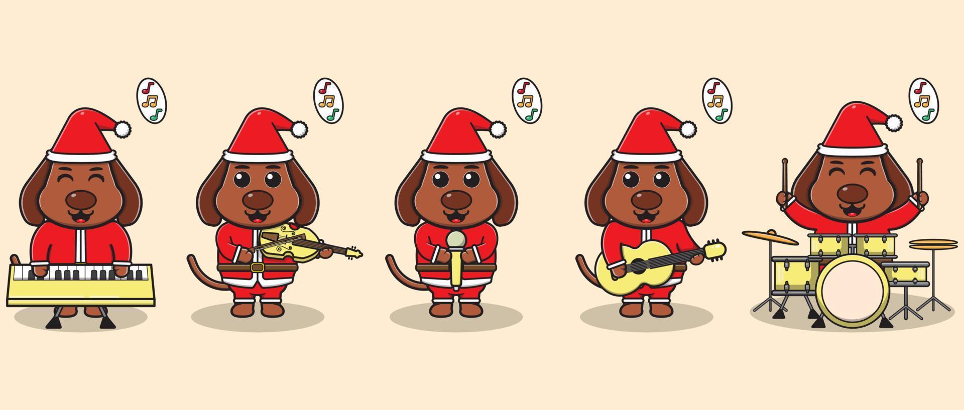 Ilustración vectorial de lindo perro santa claus tocar un instrumento musical vector