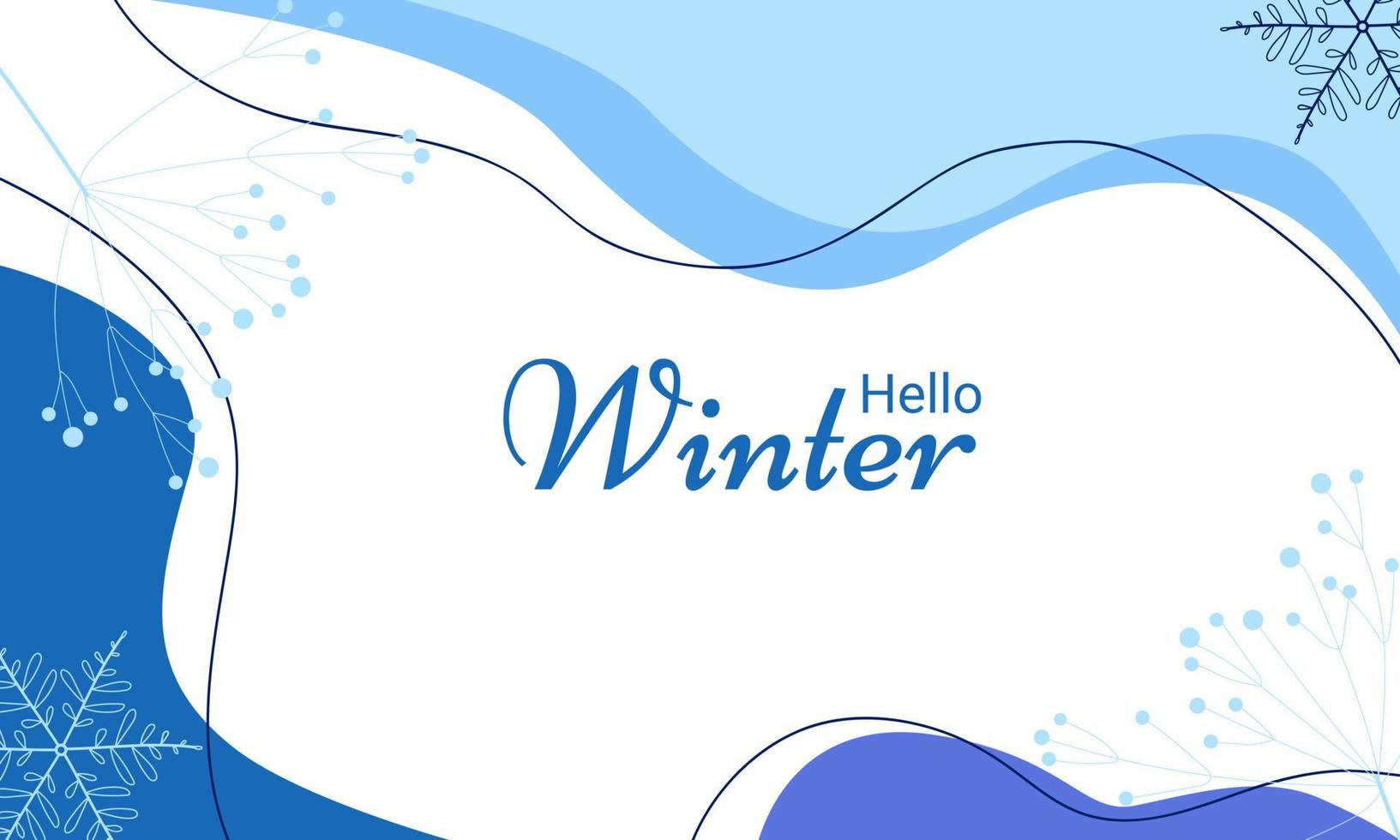 Fondo de invierno en tonos azules con ramas y copos de nieve. vector