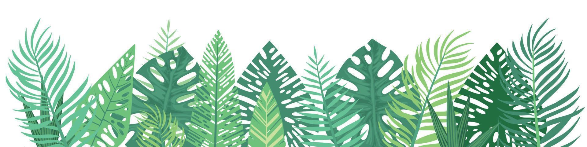 Banner de hojas tropicales de verano, ilustración para invitaciones de boda de diseño, tarjetas de felicitación, postales. vector