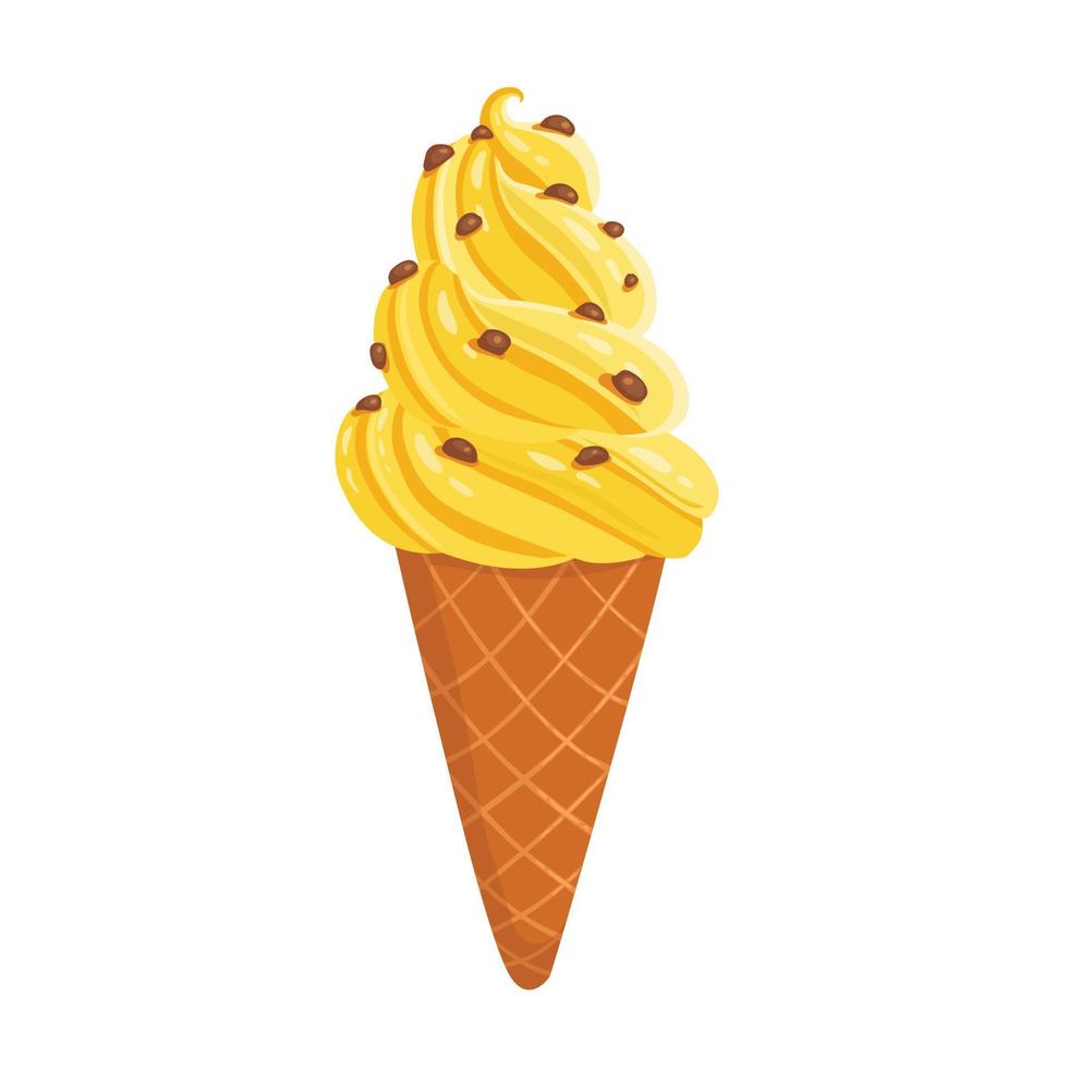 Delicious yellow banana ice cream in waffle cone isolated on white background. Vector illustration for web design or print
