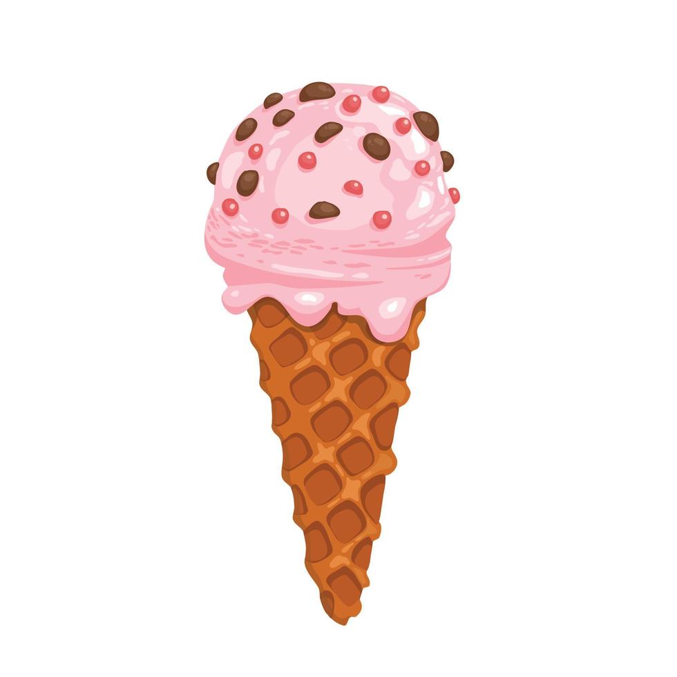 Delicious pink strawberry ice cream in waffle cone isolated on white background. Vector illustration for web design or print