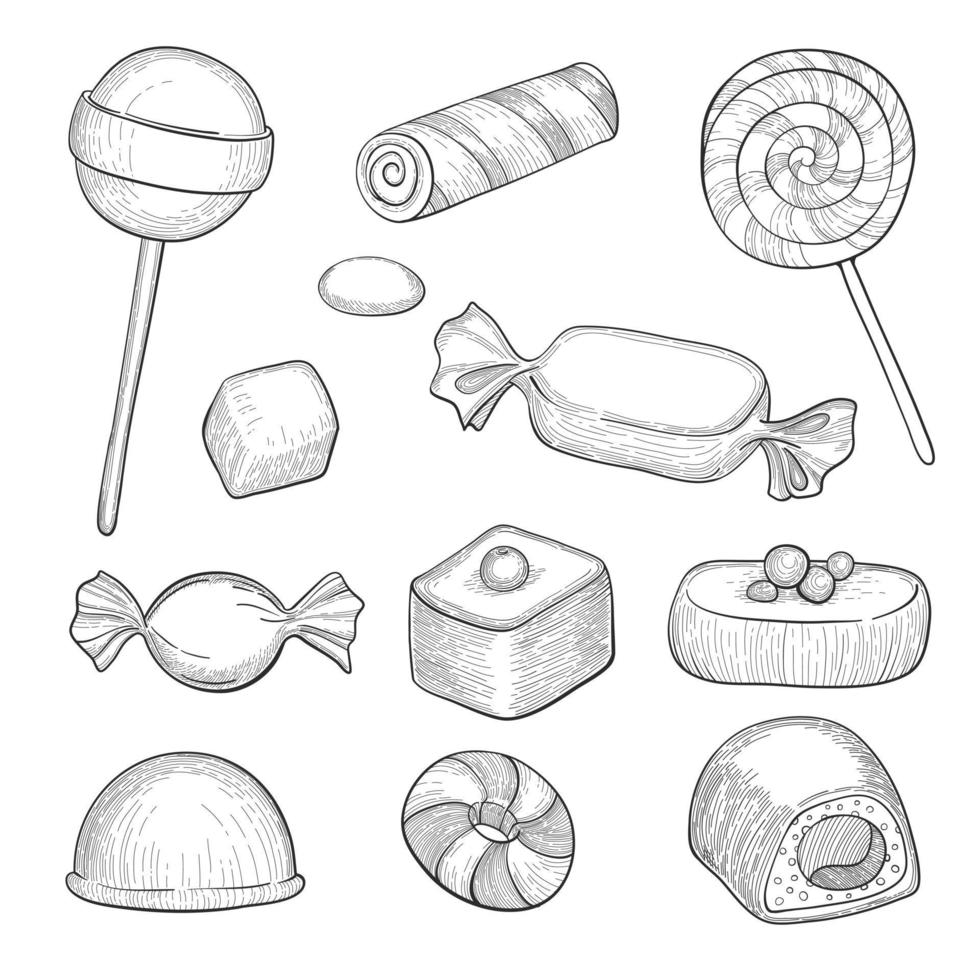 lindo conjunto de dulces de doodle dibujados a mano aislado sobre fondo blanco. colección de dulces de dibujos animados. vector
