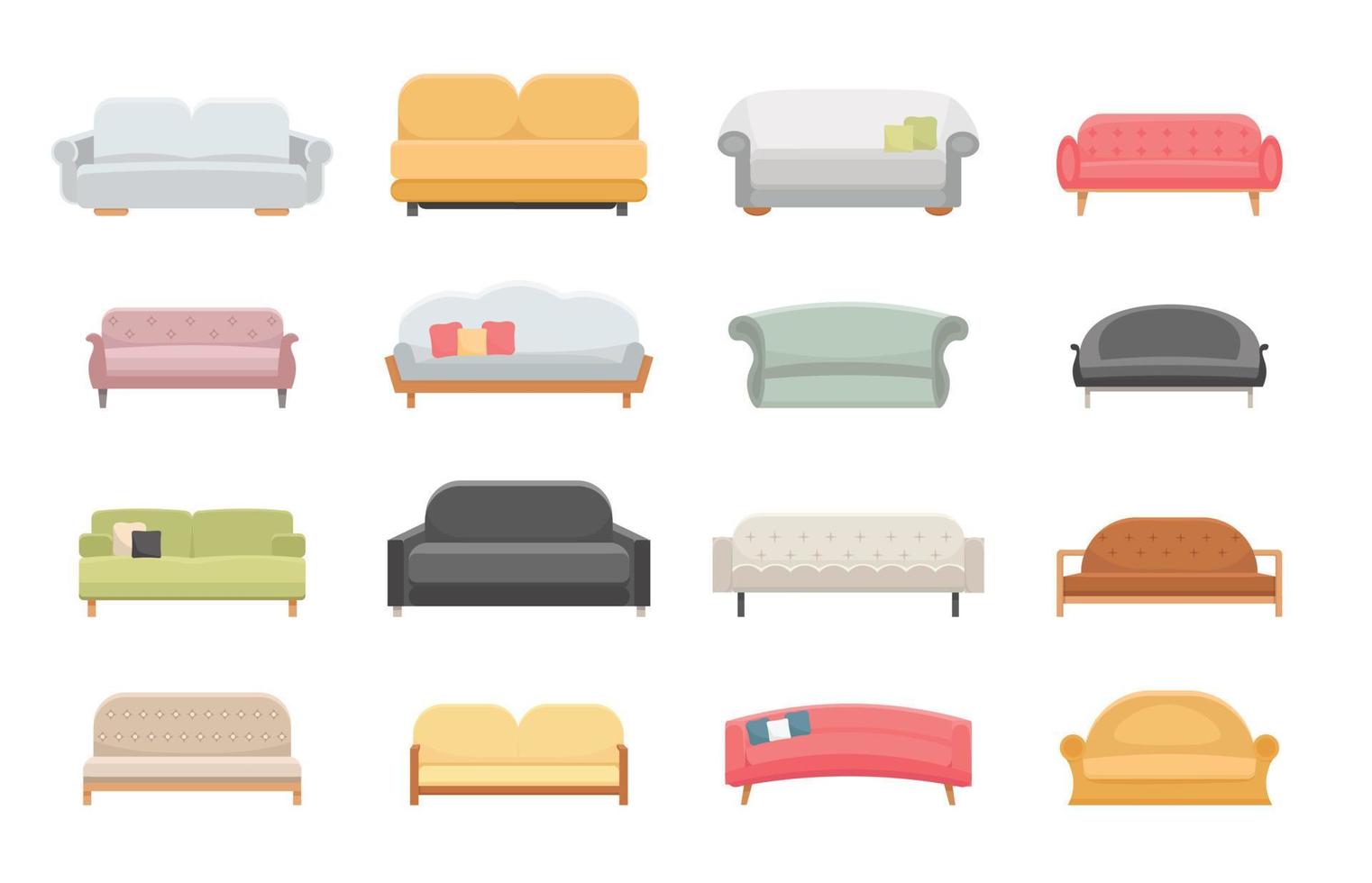 Sofá y sofás muebles conjunto de iconos de vector plano. estilo de ilustración de dibujos animados.