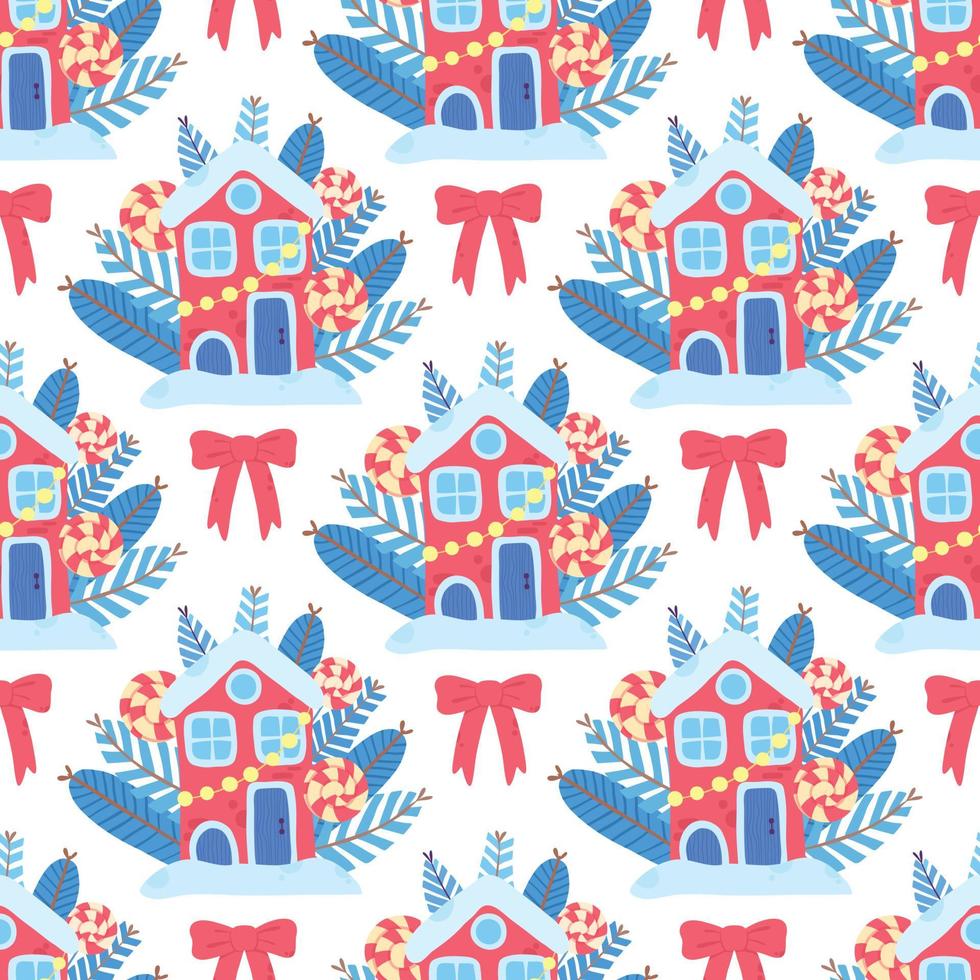 Christmas art vector seamless pattern, red beauty house with red bow ready for xmas holidays with candy lollipop