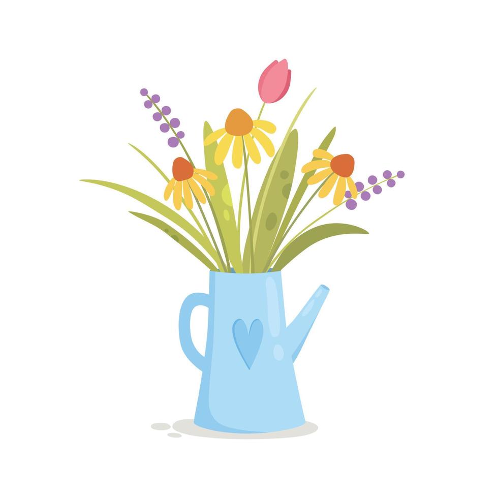 Watering can vase with flowers concept background, cartoon style vector