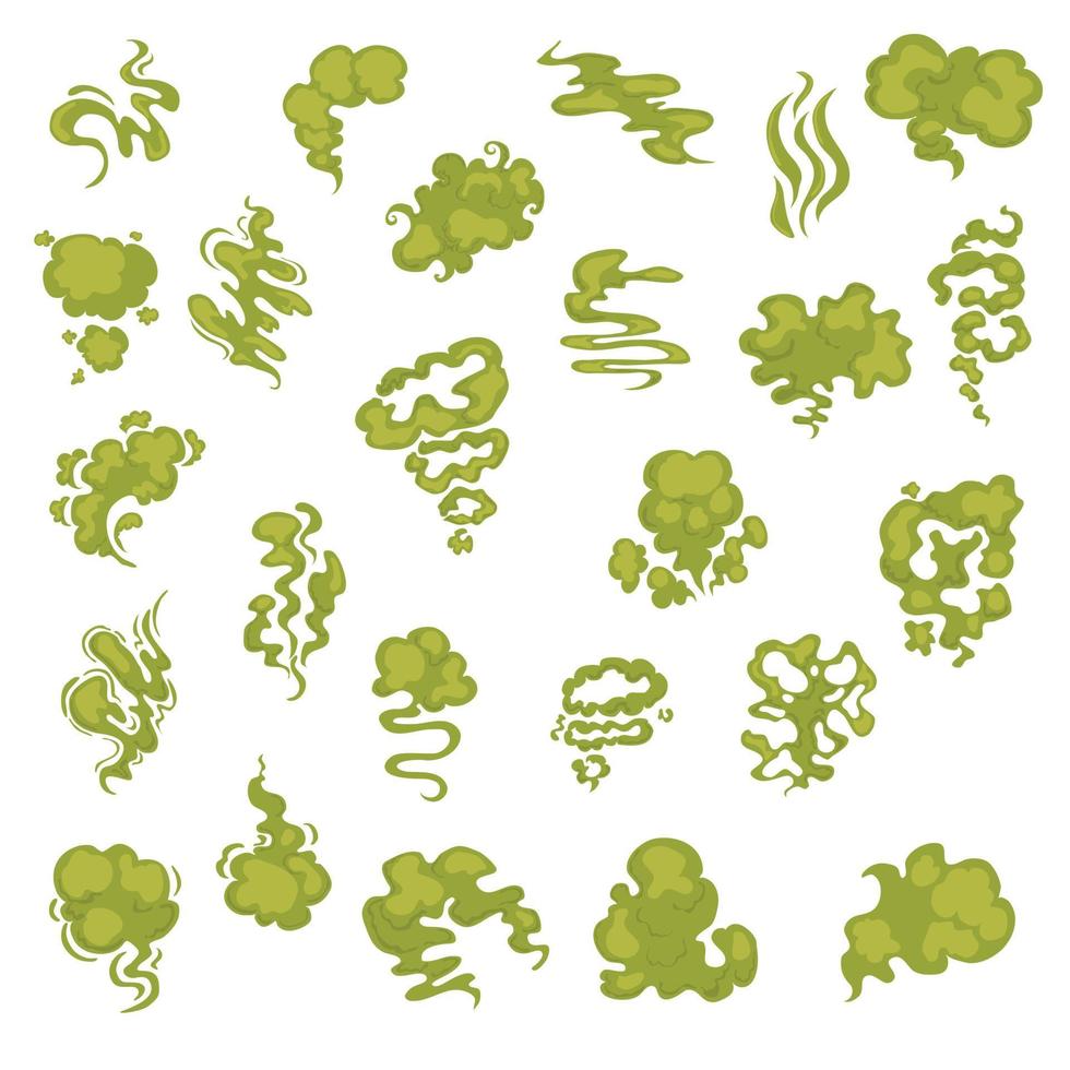 Cartoon stinky smell bubbles, water vapor and stench aroma streams vector set. Aroma smoke stream, odour toxic green illustration on white background