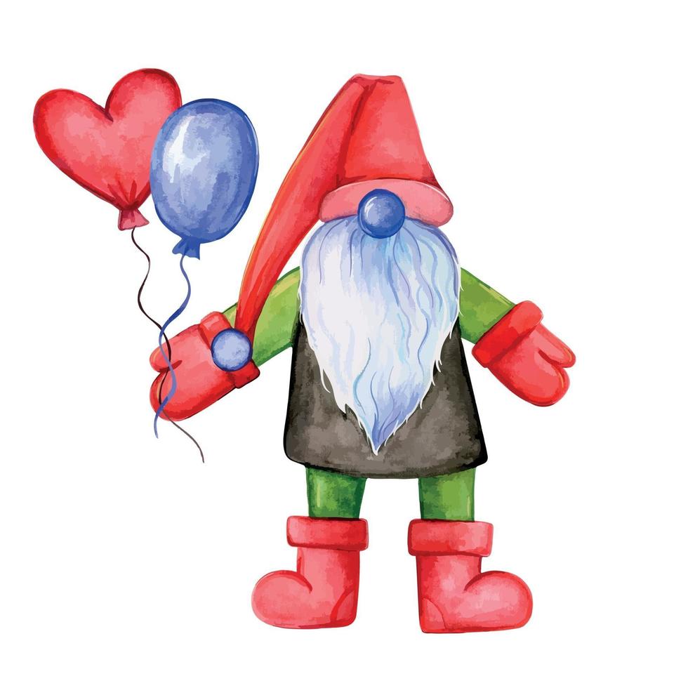 Hand drawn illustration of gnome with a balloons. Gnome Santa Claus. vector