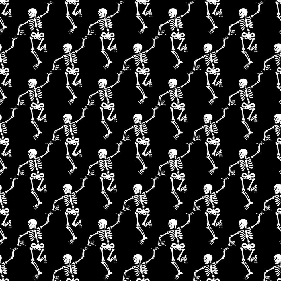 Seamless pattern with black skeletons, vigorously dancing and having fun vector
