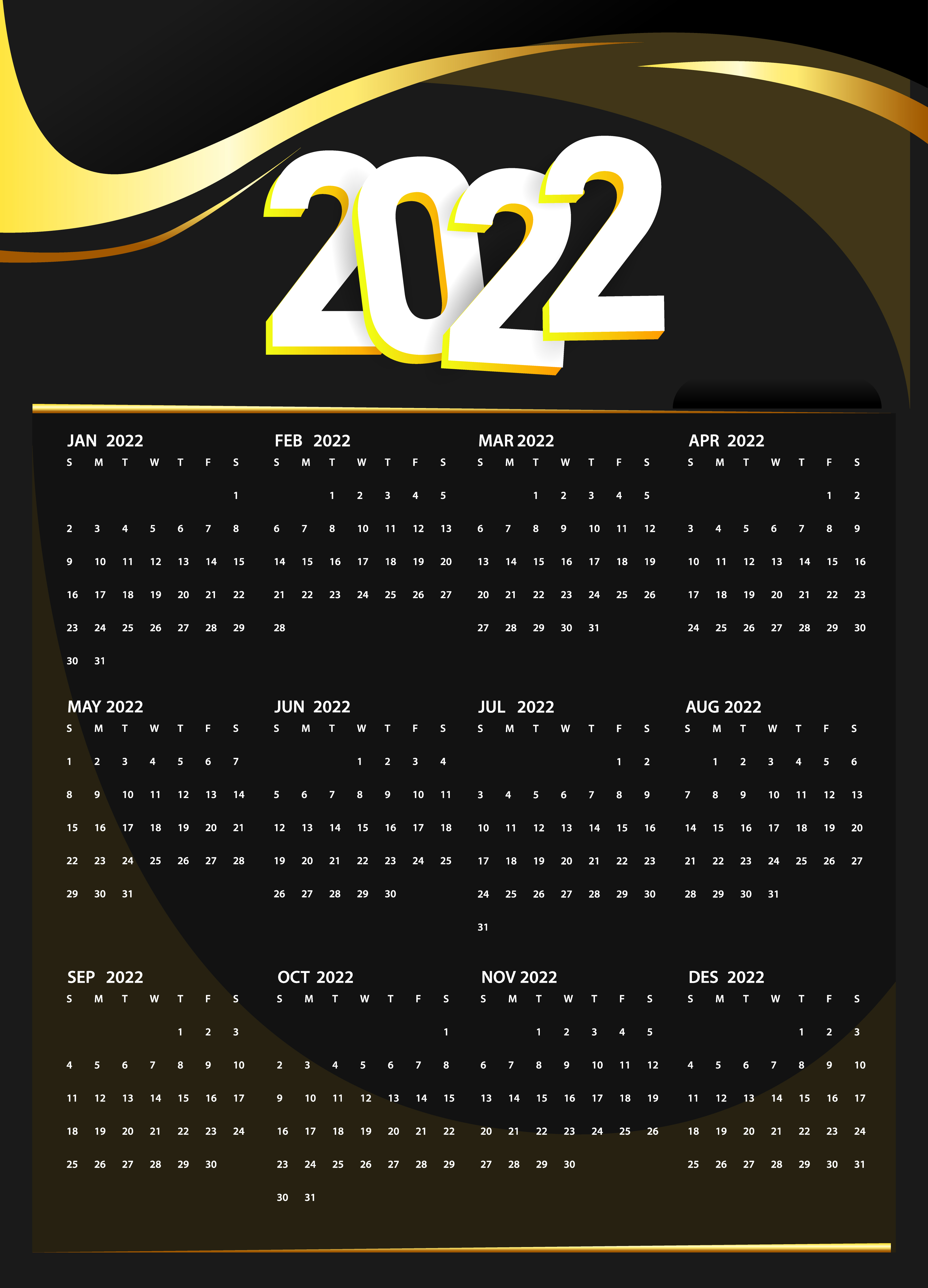 Black Gold One Page Calendar 2022 Template Design 3794623 Vector Art At Vecteezy