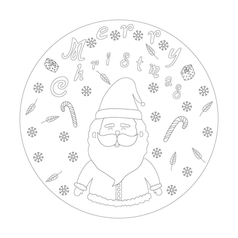 colection merry christmas with cute cartoon characters in circles with black lines vector