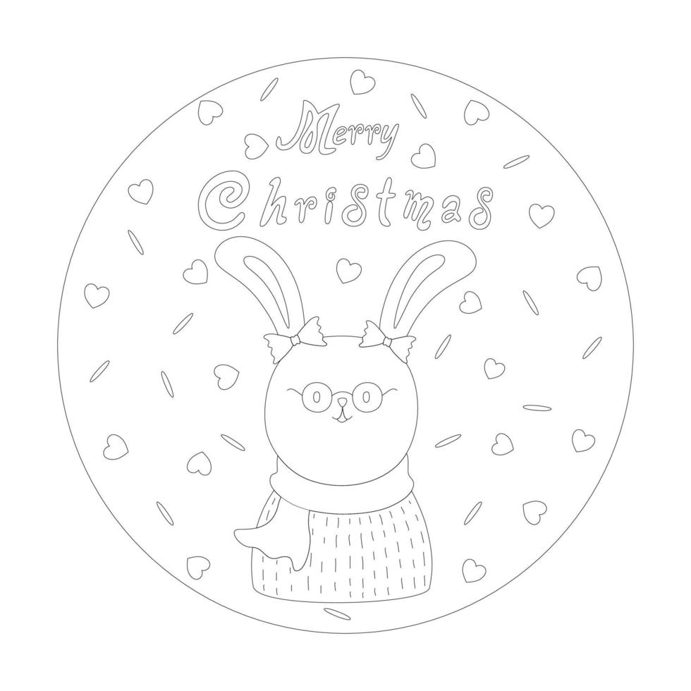 colection merry christmas with cute cartoon characters in circles with black lines vector