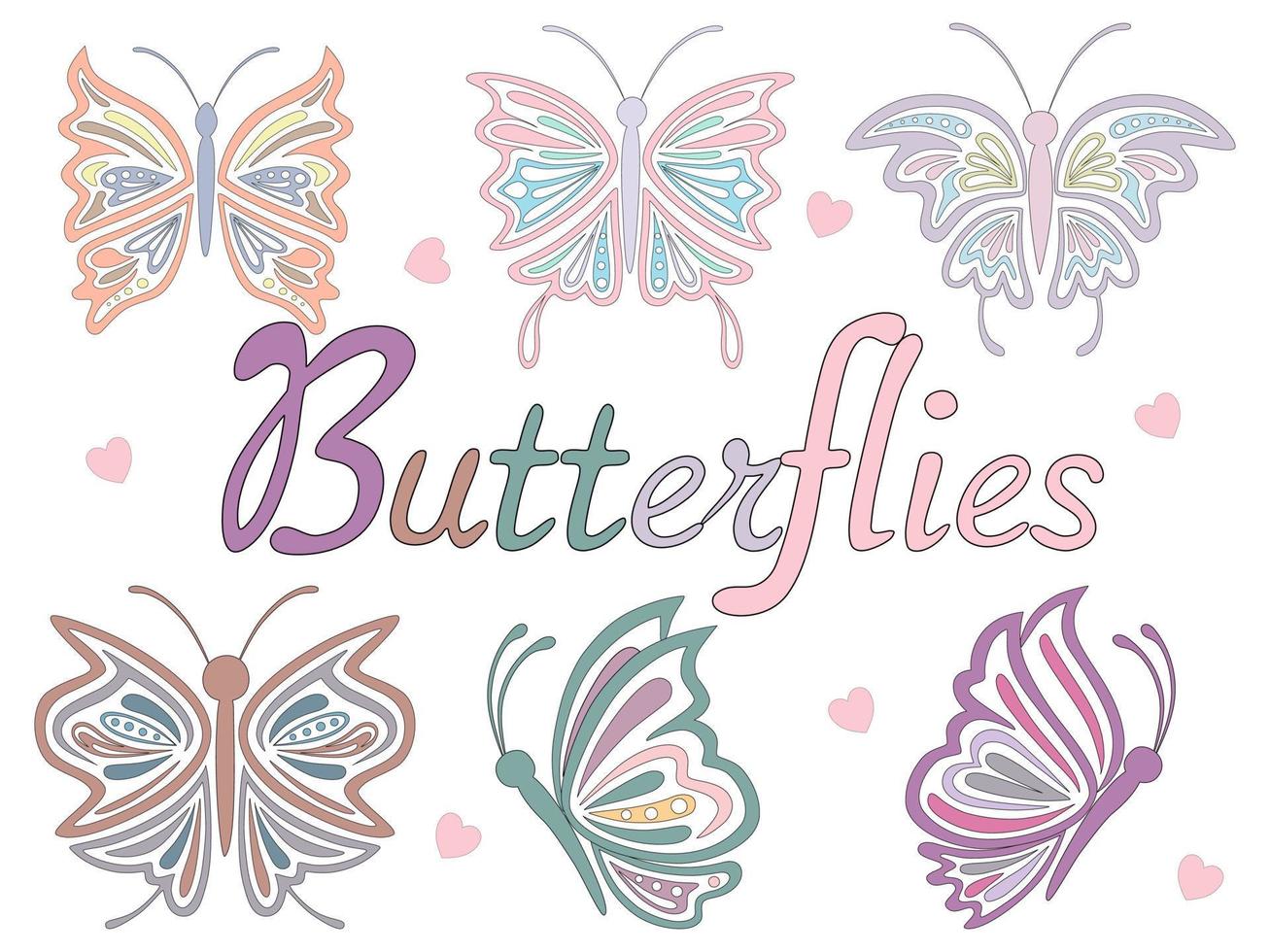 Set of butterflies in pastel tones designed in doodle style vector