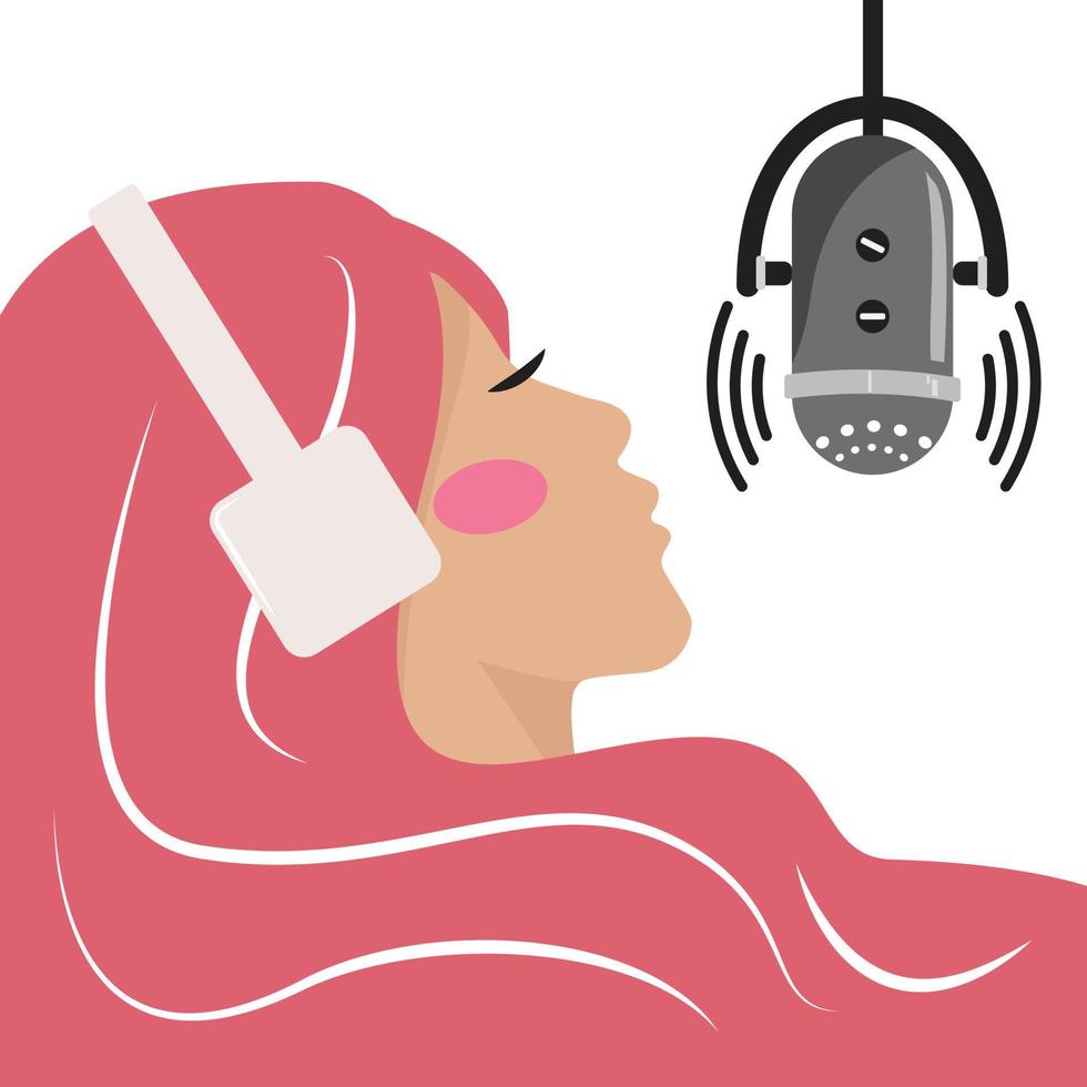 hermosas mujeres jóvenes con cabello rosado con audífonos escuchando música, podcast, radio. Ilustración del concepto de podcast. mujer disfrutando escuchando música. estudio de grabación. vector