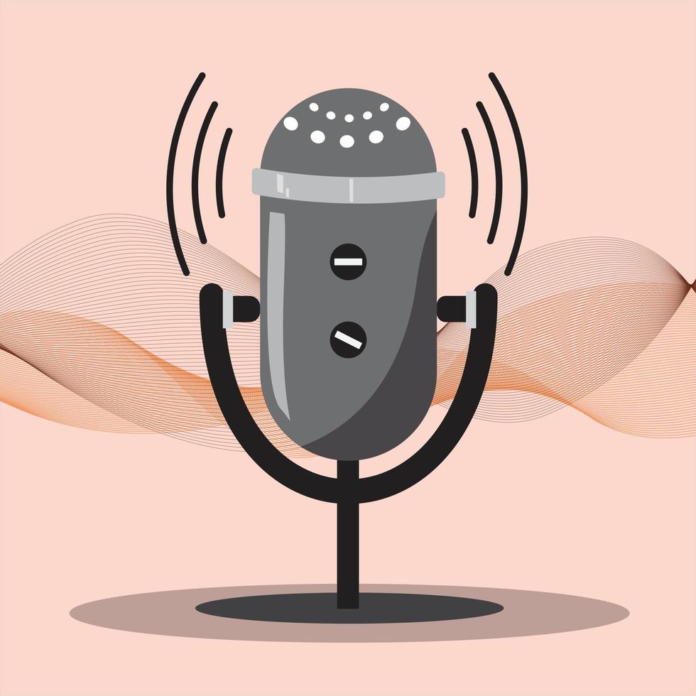 Grey microphone for podcasts with waves on the background. vector