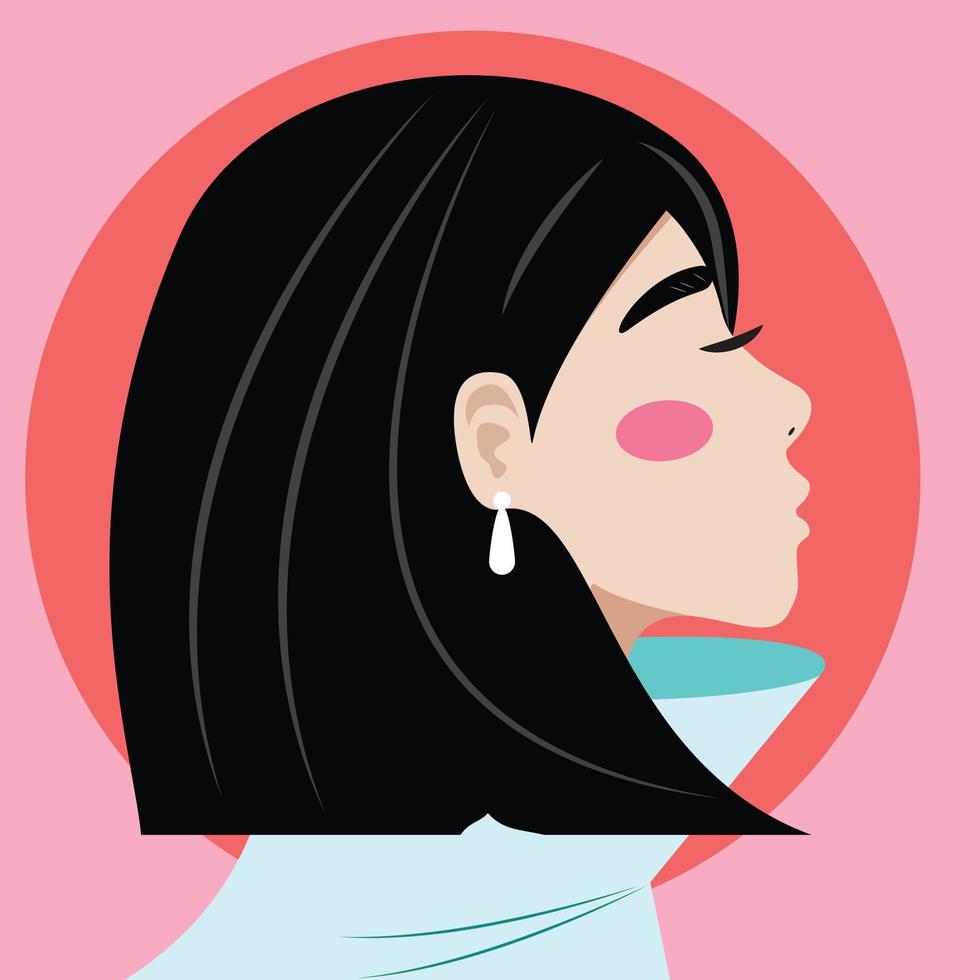 Beautiful young woman with dark hair and white earing on pink background. Stylish young asian woman on pink background. Girl wearing a blue shirt. For poster, cards. vector
