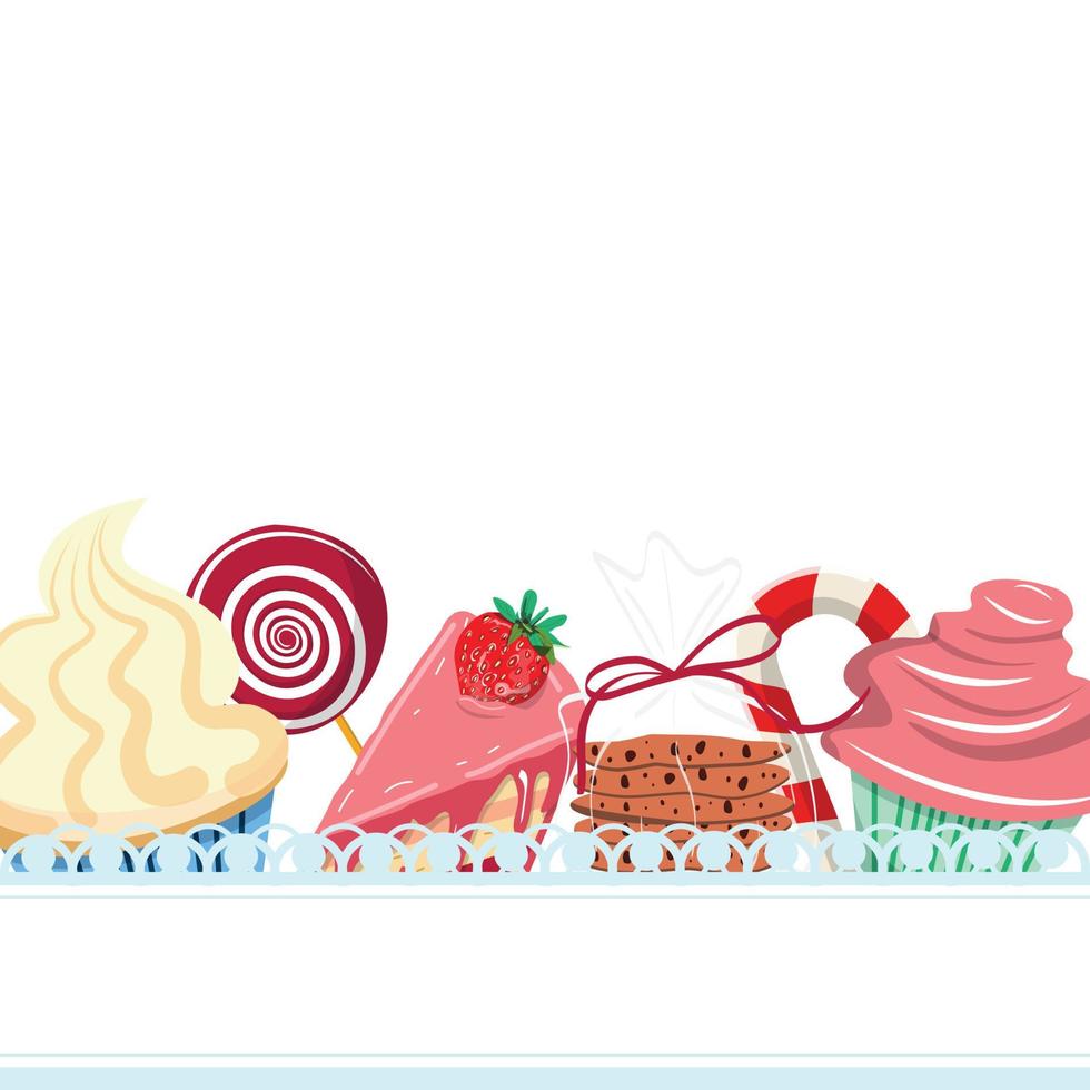 Pastry shop. Cupcakes, candy, cake, candy cane, cookies template. For invitation, cards, posters, menu, packaging. vector