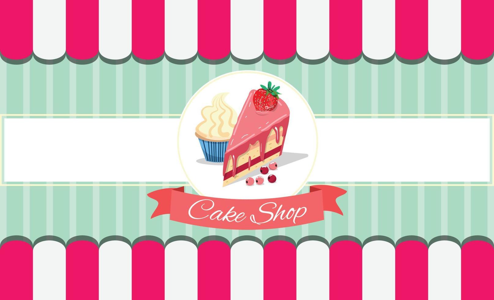 Template for menu card of cake shop with piece of cake, cupcakes and berries in pink colours. For cards, menu, banner, posters, cover. Vector template.