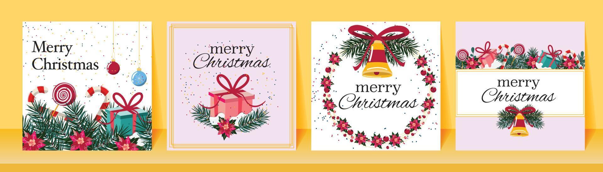 tarjetas de felicitación navideñas cuadradas con ramas de pino, dulces, campana y cajas de regalo. para pancartas, tarjetas. vector