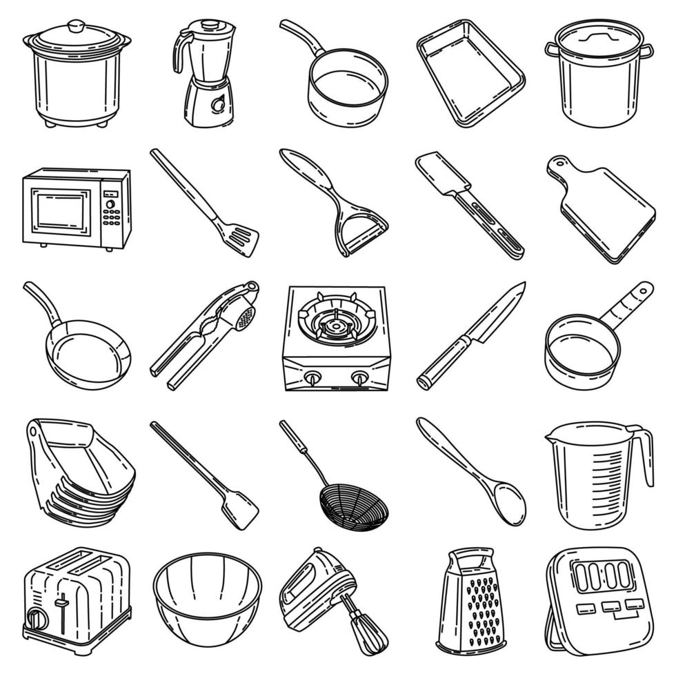 vector de icono de conjunto de cocina-1. Doodle dibujado a mano o estilo de icono de contorno