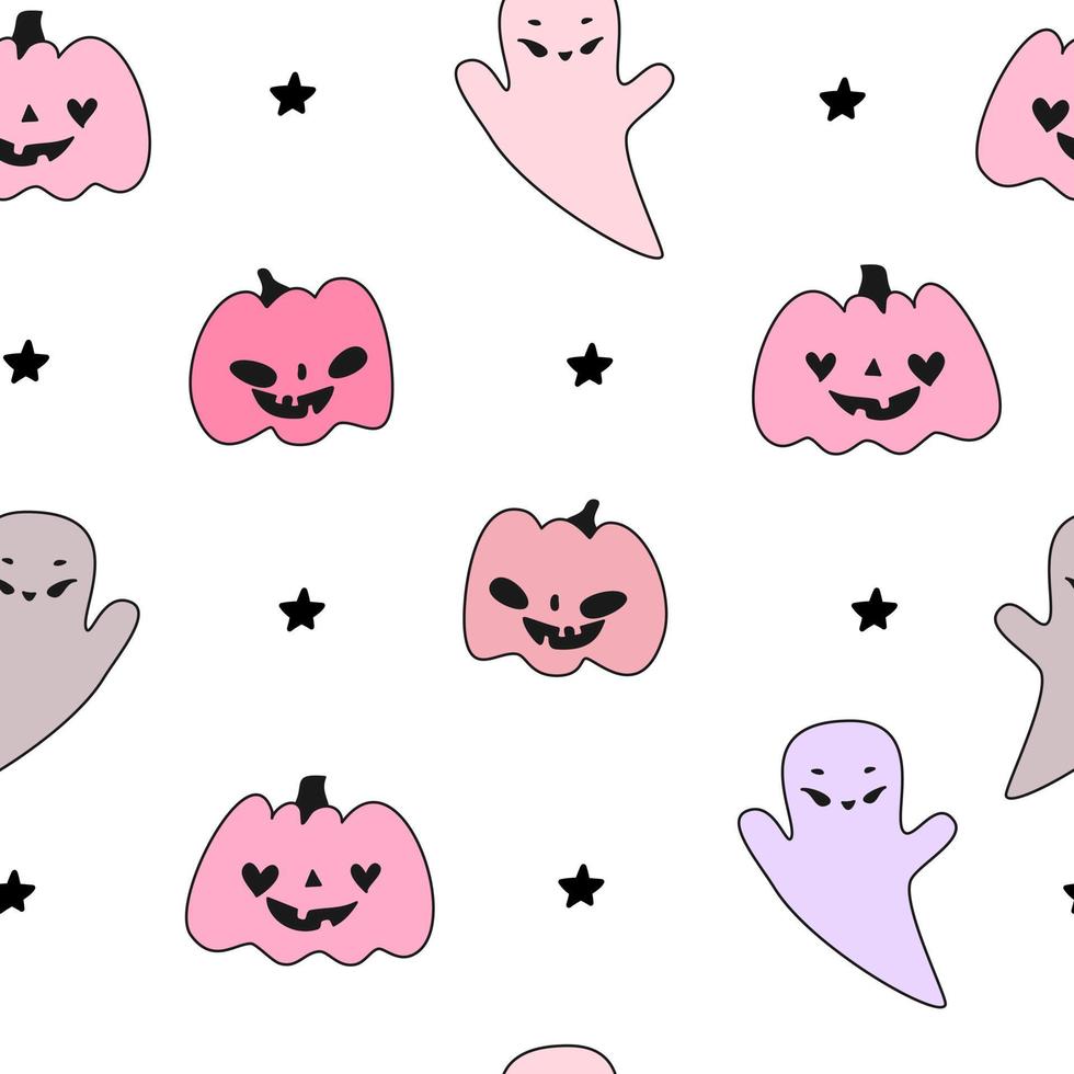 Cute white pattern with pink pumpkins and halloween ghosts black stars. Seamless background. Textiles for children Digital paper scrapbook. vector