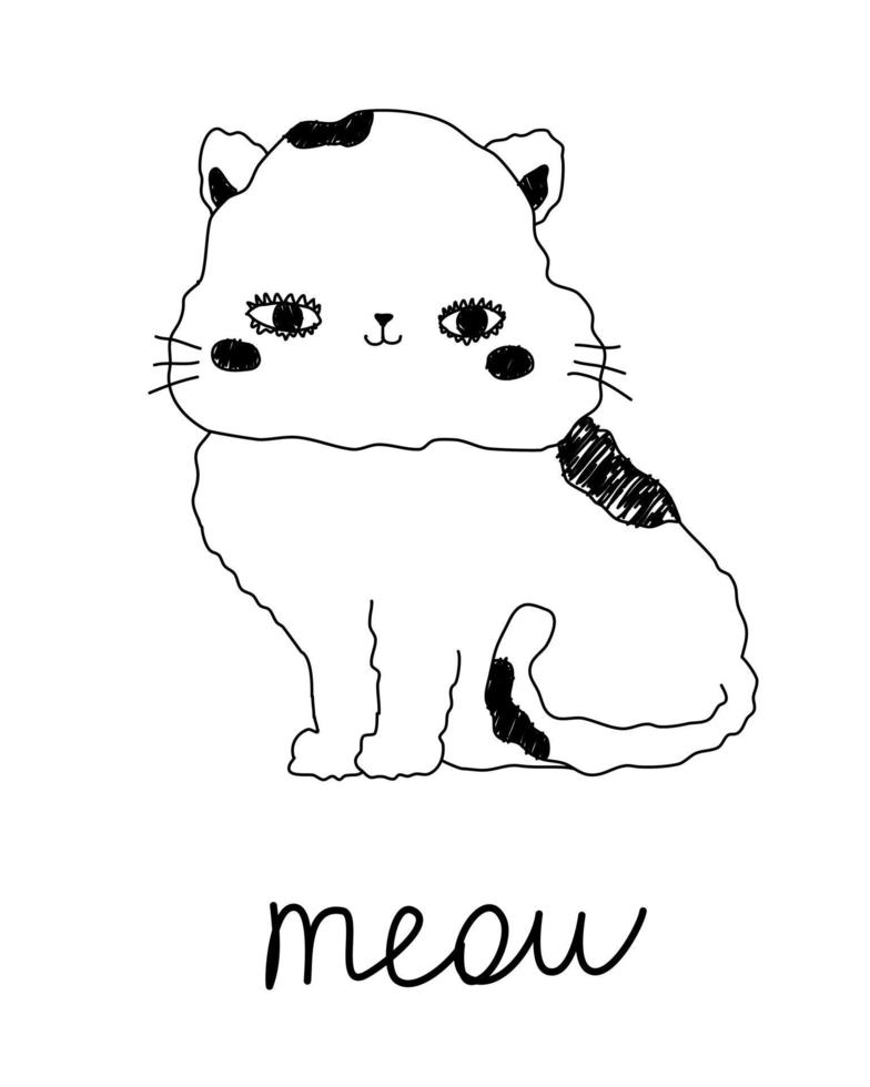 lindo gatito blanco con texto maullido. personaje de dibujos animados para niños sobre un fondo aislado. impresión, pancarta, folleto. vector