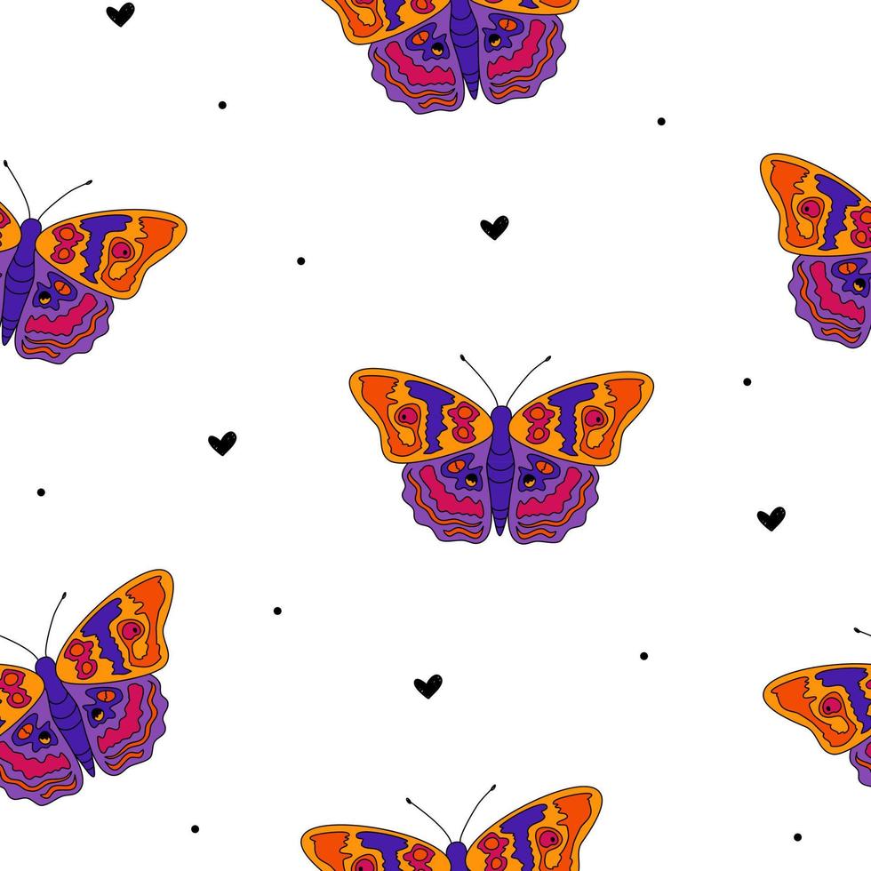 Doodle línea rosa naranja púrpura mariposas con corazones negros patrón lindo sin costuras. vector