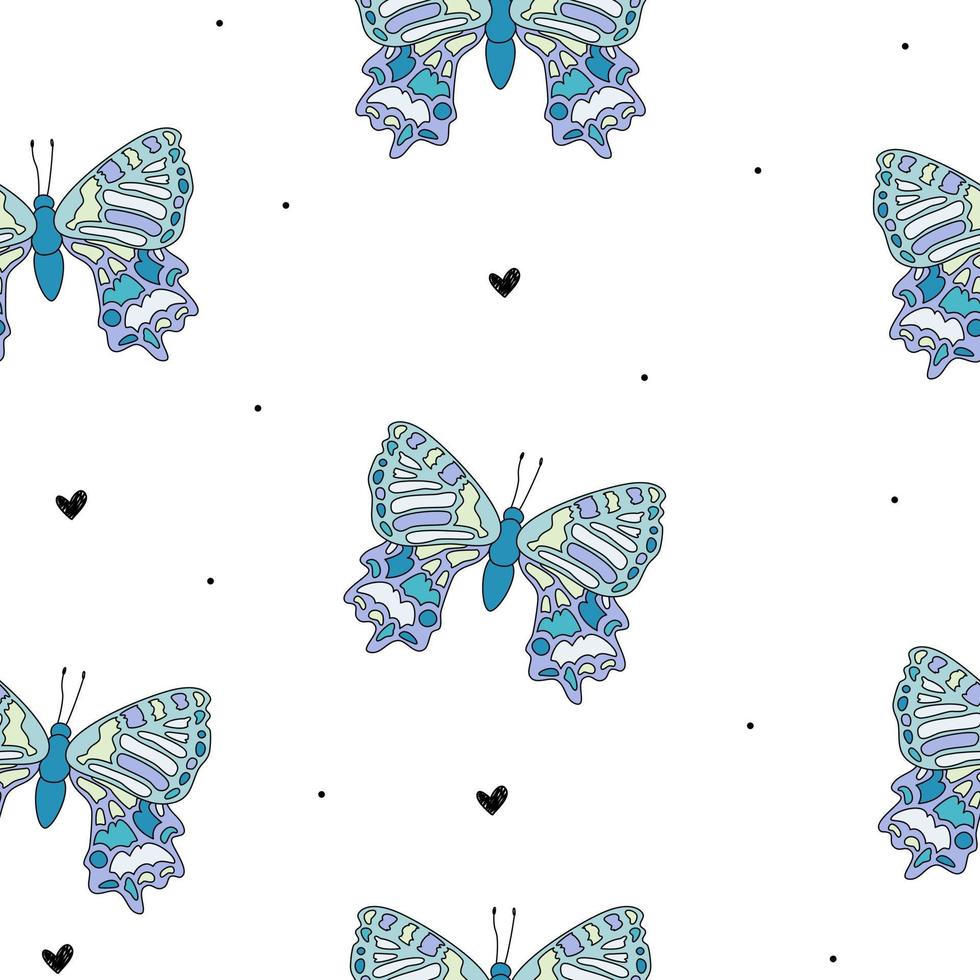 Doodle line blue multicolored butterflies with black hearts pattern cute seamless for kids. vector