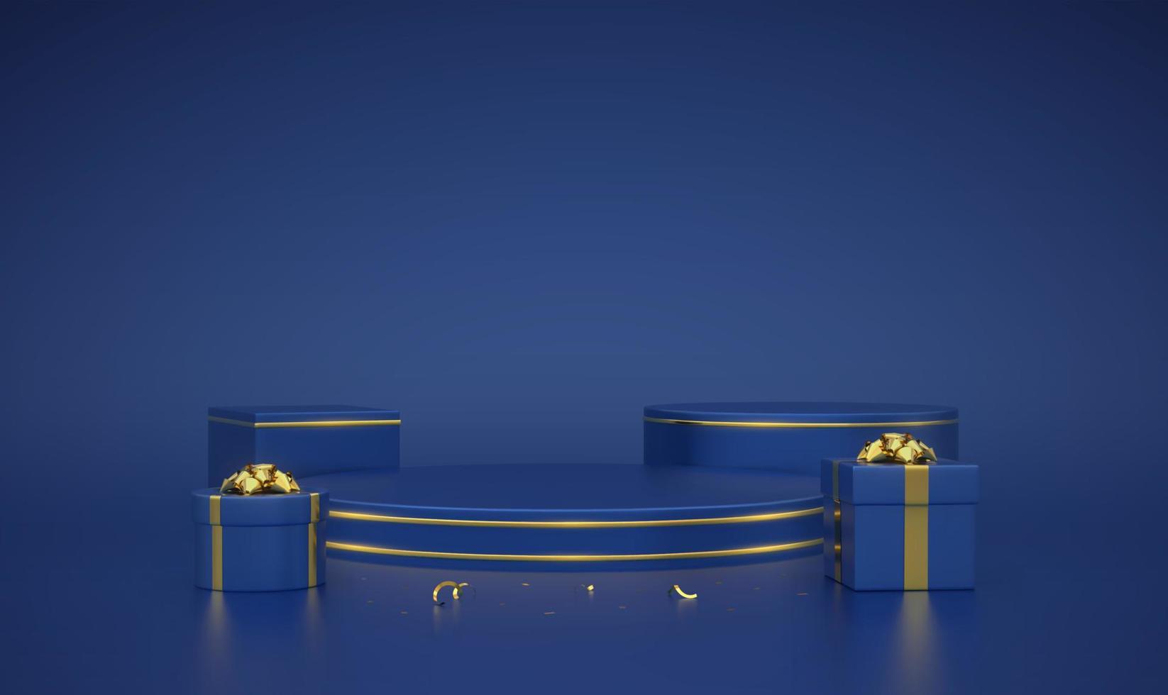 Blue round and cube podium. Scene and 3D platform with gold circle on blue background. Blank Pedestal with gift boxes with golden bow and confetti. Advertising, award design. Vector illustration.