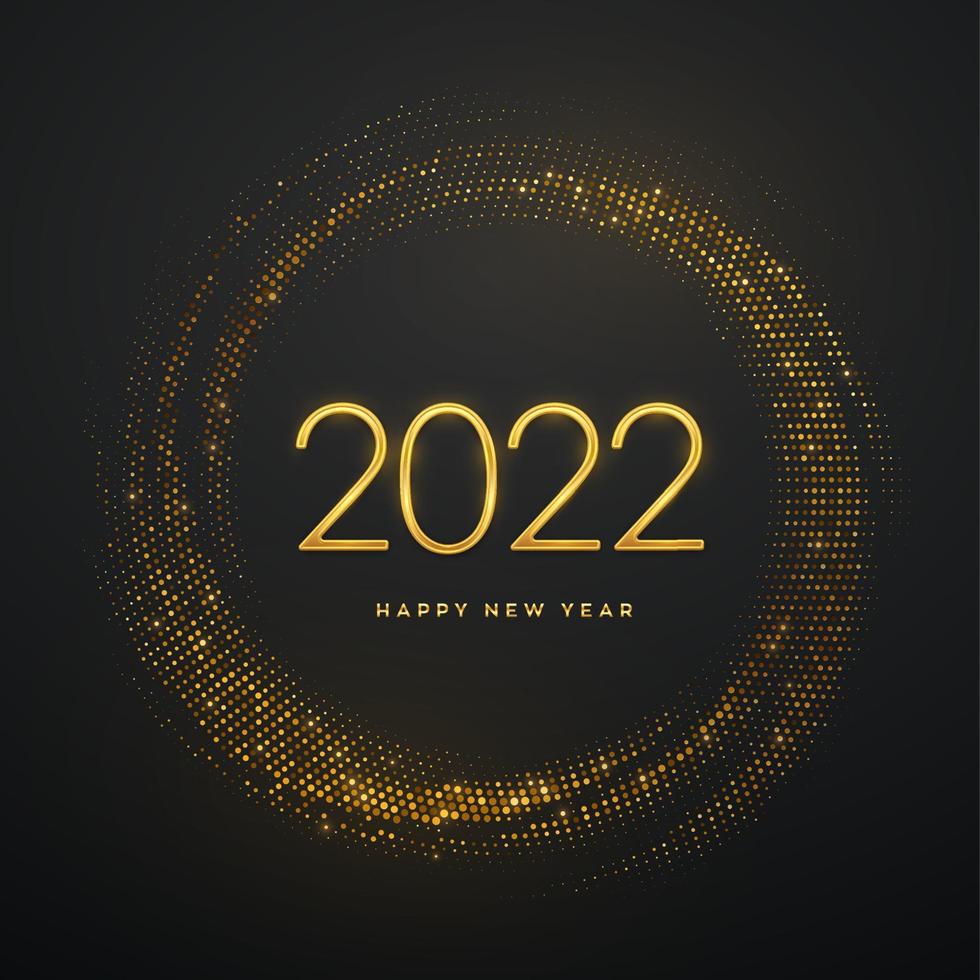 Happy New 2022 Year. Golden metallic luxury numbers 2022 on shimmering background. Realistic sign for greeting card. Bursting backdrop with glitters. Festive poster or banner. Vector illustration.