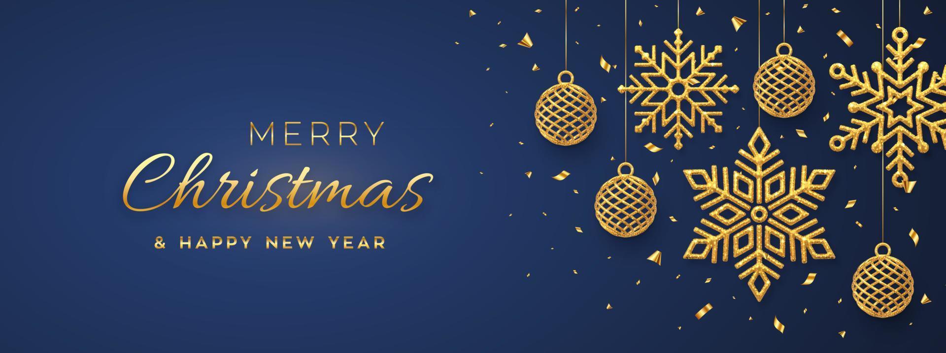 Christmas blue background with hanging shining golden snowflakes and balls. Merry christmas greeting card. Holiday Xmas and New Year poster, web banner. Vector Illustration.