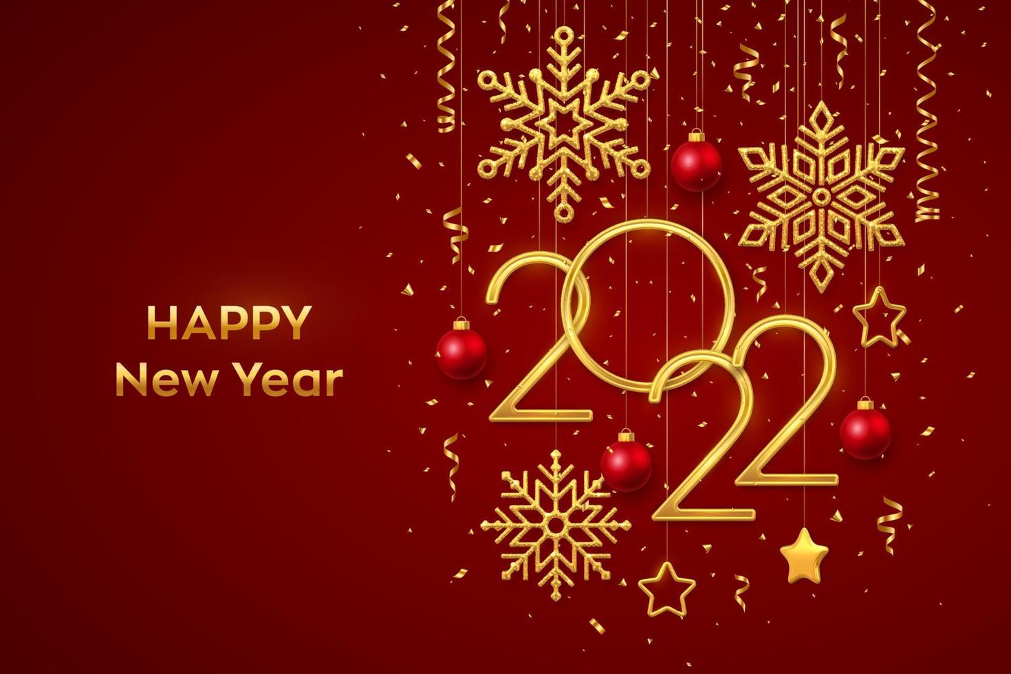 Happy New 2022 Year. Hanging Golden metallic numbers 2022 with shining snowflakes, 3D metallic stars, balls and confetti on red background. New Year greeting card or banner template. Vector. vector