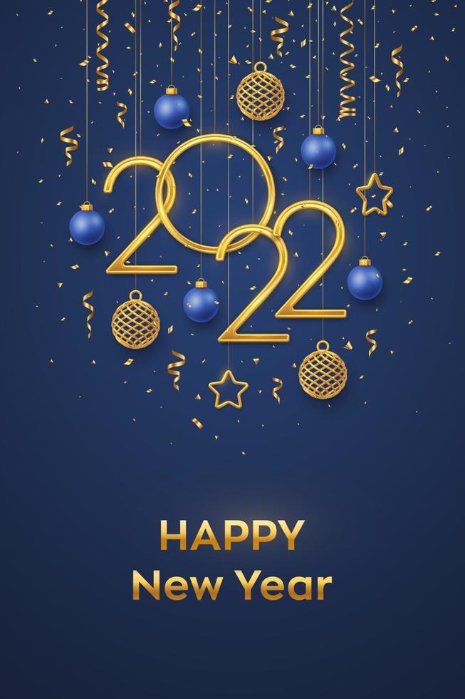 Happy New 2022 Year. Hanging Golden metallic numbers 2022 with shining 3D metallic stars, balls and confetti on blue background. New Year greeting card, banner template. Realistic Vector illustration.