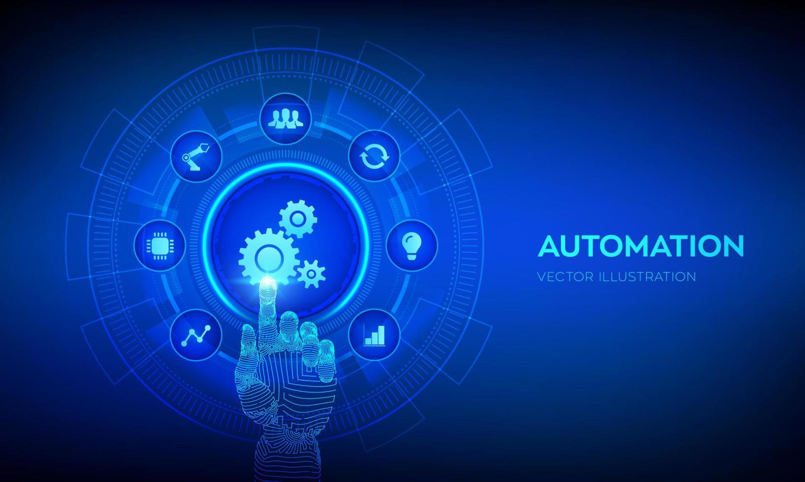 Automation Software. IOT and Automation concept as an innovation, improving productivity in technology and business processes. Robotic hand touching digital interface. Vector illustration.