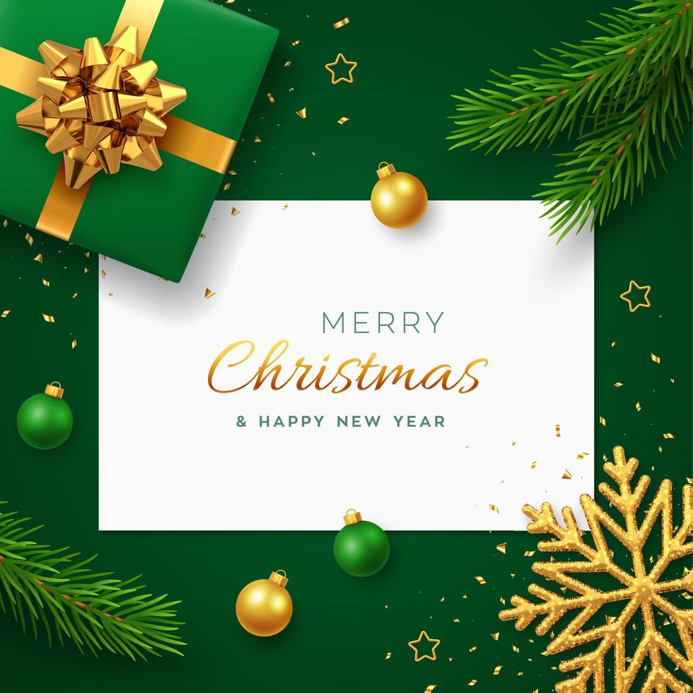 Christmas background with square paper banner, realistic green gift box with golden bow, pine branches, gold stars and glitter snowflake, balls bauble. Xmas background, greeting cards. Vector. vector