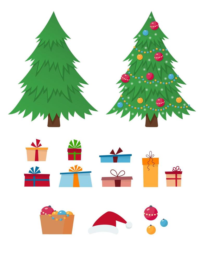 árbol de navidad, cajas de regalo, gorro de santa claus, adornos navideños vector