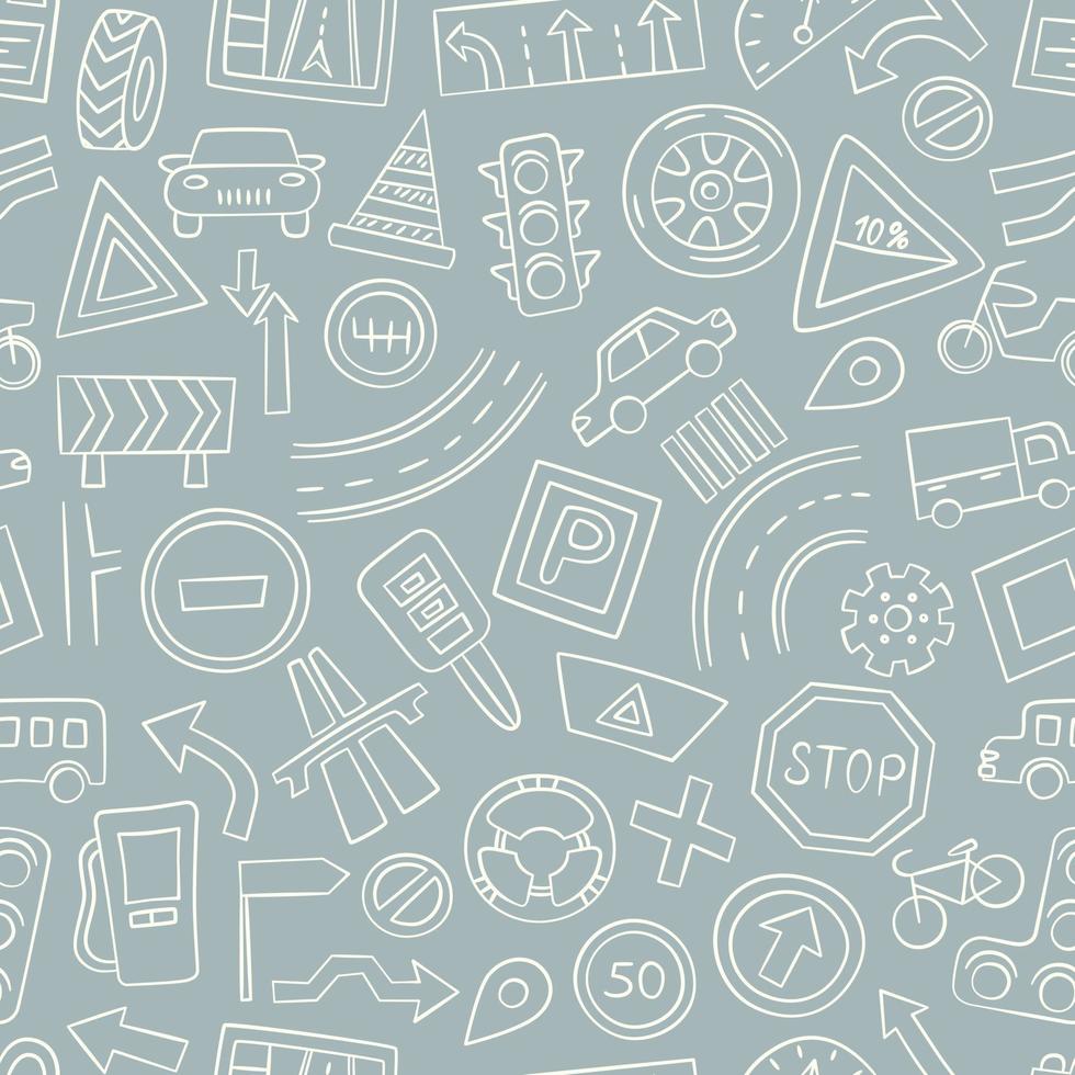 Cars, road objects, traffic signs and automobile symbols. Seamless pattern in doodle style. Vector illustration