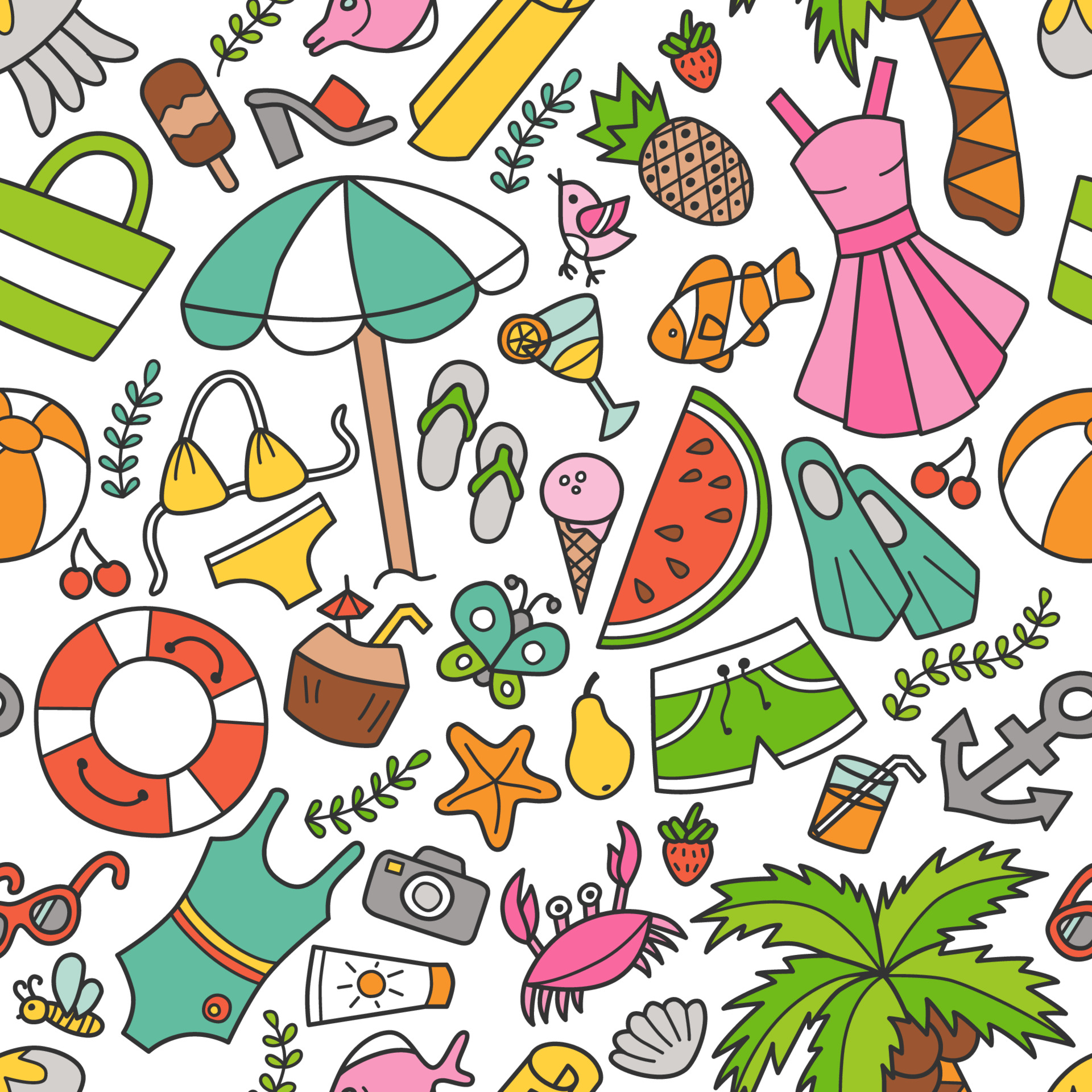 Sea and summer seamless pattern in doodle style. Hand drawn vector ...