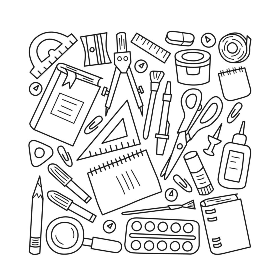 conjunto de material escolar y de oficina en estilo doodle y dibujos  animados. ilustración vectorial 3794874 Vector en Vecteezy