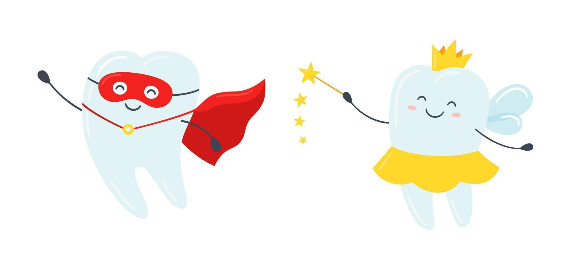 Children tooth fairy and superhero. Cute tooth with wings, a crown and a magic wand. Happy healthy tooth in a red cloak. vector